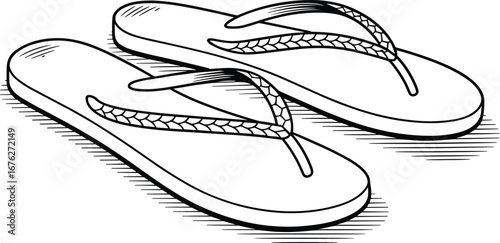 Black and white flip flops, summer beach footwear, casual open toe sandals, flat sole Y strap shoes, vector cad drawing illustration