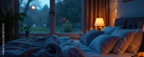 Serene bedroom scene at night, soft lighting illuminating a cozy bed with pillows and blankets, suggesting peaceful sleep  Perfect for relaxation, sleep, and tranquility themes ,  bokeh,  bed