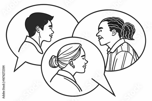 Video conference call. Group of people talk with colleague, partners or team members through application. Online meeting or education webinar. Employees discuss project presentation and planning work.