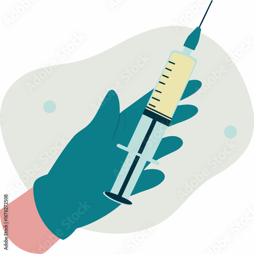 Dłoń w rękawiczce medycznej trzymająca strzykawkę z lekiem. Koncepcja szczepienia przeciwko wirusom, opieki zdrowotnej i nauki.