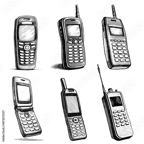 Collection of vintage mobile phones in a hand-drawn line style, in black and white