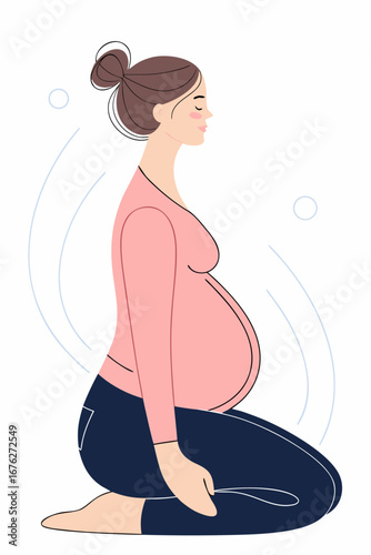 Spokojna kobieta w ciąży w pozycji klęczącej. Koncepcja prenatalnego relaksu i harmonijnego przygotowania do macierzyństwa.