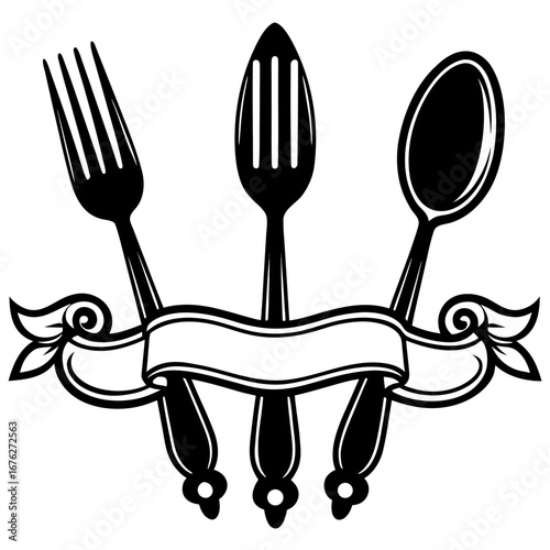 Vector art of a vintage cutlery set with fork, spoon, and knife tied with a ribbon, isolated on white background