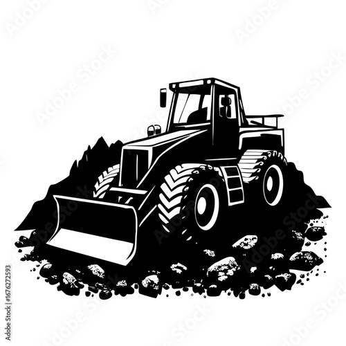 Vector art of a black and white illustration of a bulldozer working on a pile of dirt