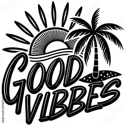 Vector art of a tropical scene with palm tree and sun, spreading good vibes for summer and vacation