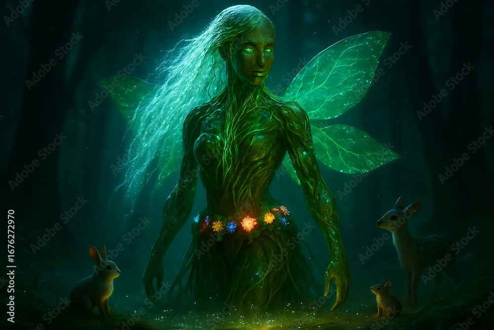 Obraz premium Ethereal green forest spirit with luminous wings surrounded by small animals image