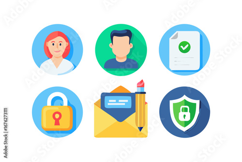Vector art of set of flat design icons for user profile, security and email