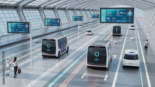 Futuristic autonomous vehicles and robots in a smart transportation hub image