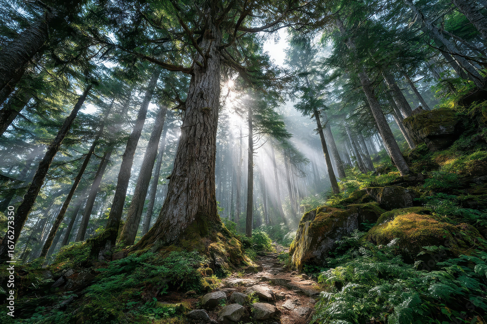 Fototapeta premium Sunlight shining through tall trees in dense forest with rocky path and lush green moss creating peaceful and serene natural atmosphere