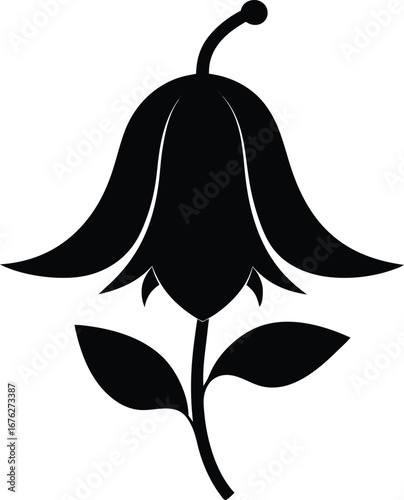 Silhouette of a single bellflower with leaves isolated on white background