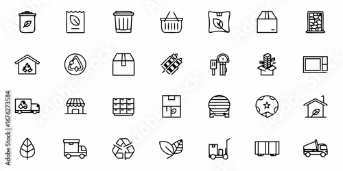 Eco-conscious logistics and sustainability icons featuring delivery trucks, recycling symbols, retail stores, and leafy green elements for environmental business solutions