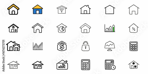 Stunning collection of modern home and finance icons showcasing property, growth, security, and calculation for diverse business and lifestyle concepts