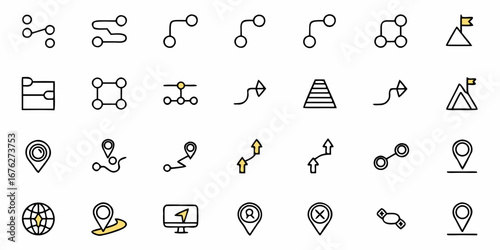 Discover essential navigation icons and pathway graphics for modern business planning, travel routes, and goal achievement, offering clear visual direction and strategic progress tracking solutions.