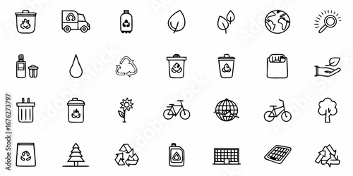 Discover sustainable living with these charming eco-friendly icons representing recycling, nature, clean energy, and environmental care for a greener future