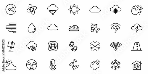 Versatile collection of weather and technology icons, perfect for modern apps, websites, and informational graphics, conveying data and concepts with clean, minimalist design elements.