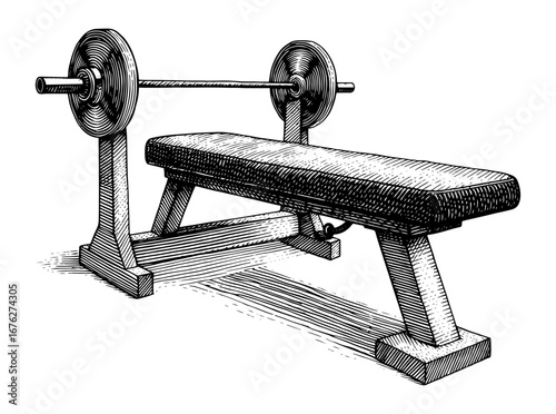 Weight bench with barbell in an engraving style in black and white for gym and fitness concepts