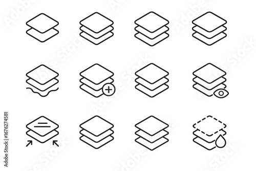 Minimalist icons of layered squares with functional variations for design applications