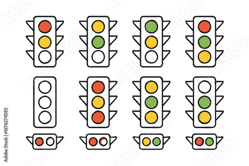 Various traffic light designs with red, yellow, green signals