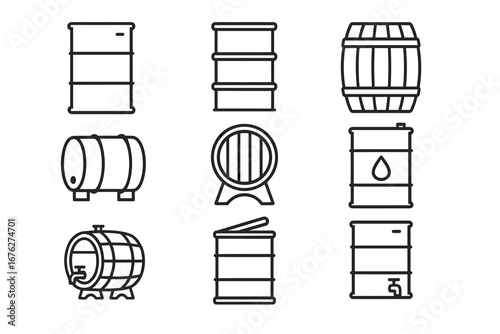Black and white icons of various barrel and drum designs