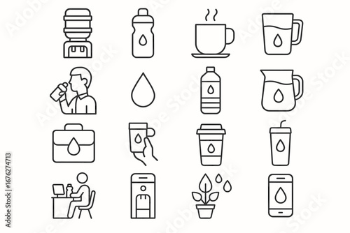 Water icon set featuring bottles, glasses, and dispensers
