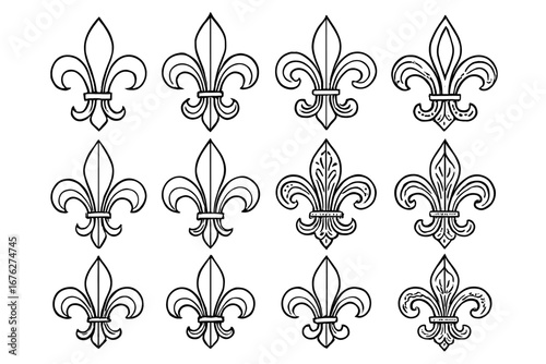 Collection of twelve fleur-de-lis designs in black and white