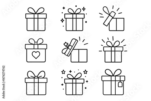 Simple line art of gift boxes with ribbons and decorations in various patterns