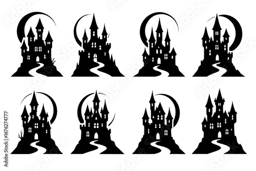 Silhouette of spooky castles with moons at night