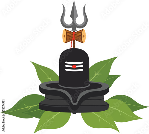intricately designed vector art illustration of the sacred Hindu Lord Shiva Lingam, featuring the iconic Trishul and Damaru, celebrating spiritual reverence and divine mythological symbolism.