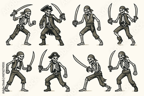 Skeleton pirates with swords in various poses and pirate attire