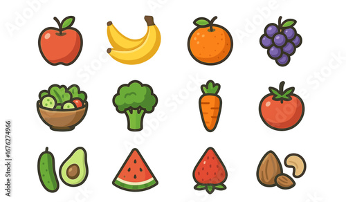 Colorful vector icons of fruits and vegetables including apple and broccoli