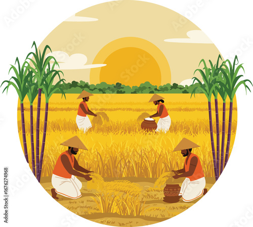 South Indian farmers harvesting rice in a beautiful paddy field, an artistic illustration capturing traditional rural village life and culture.