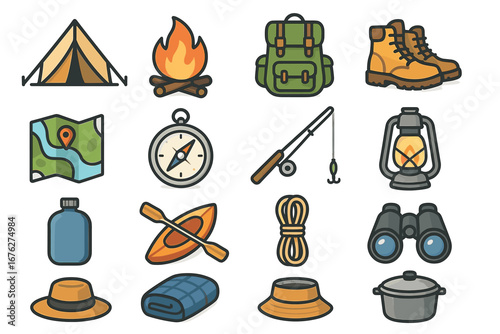 Colorful camping icon set featuring gear and outdoor essentials
