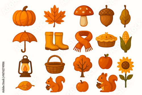 Autumn icons: pumpkin, leaves, squirrel, lantern, harvest elements
