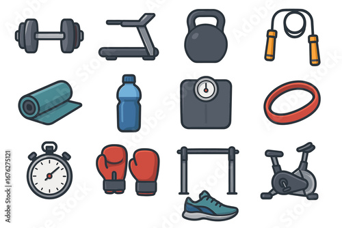 Exercise equipment collection: dumbbell, treadmill, kettlebell, jump rope, yoga mat, stopwatch