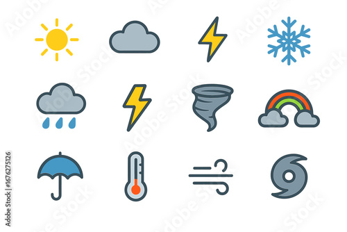 Weather icons set: sun, cloud, lightning, snowflake, rain, umbrella, thermometer, wind, tornado, hurricane