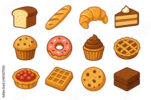 Assorted baked goods collection: bread, pastries, cakes, donuts, pies, and cookies
