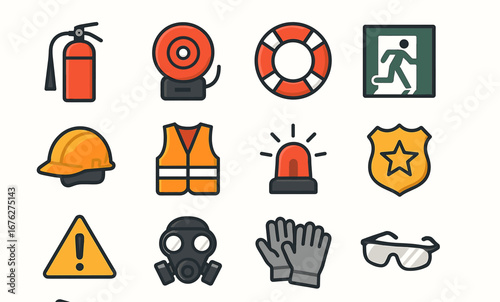 Safety and emergency equipment icons for workplace precautions