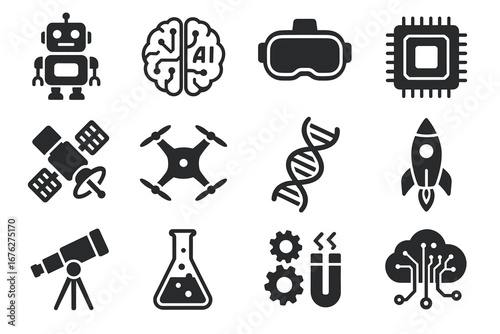 Futuristic technology icons: ai, robotics, vr, and space exploration symbols