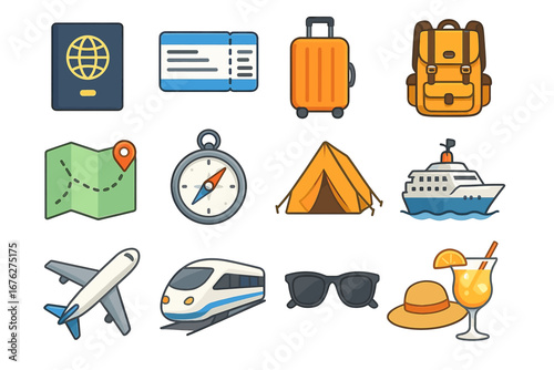 Travel essentials: passport, tickets, luggage, backpack, map, compass, tent, cruise, airplane, train, sunglasses, hat, cocktail