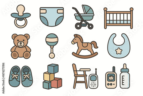 Baby essentials: pacifier, diaper, stroller, crib, toys, and more
