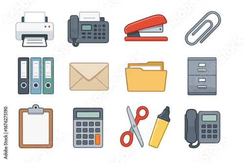 Illustrated office supplies collection: printers, phones, and stationery essentials