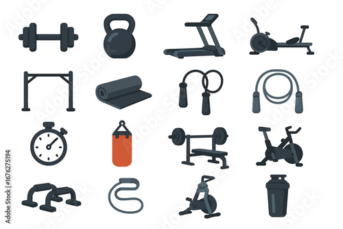 Collection of gym equipment icons including dumbbells, kettlebell, treadmill, and jump rope