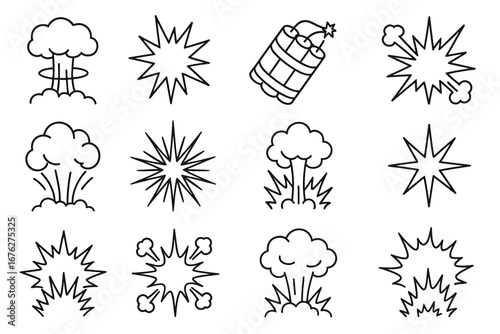Collection of line art explosion icons featuring bursts and dynamite symbols