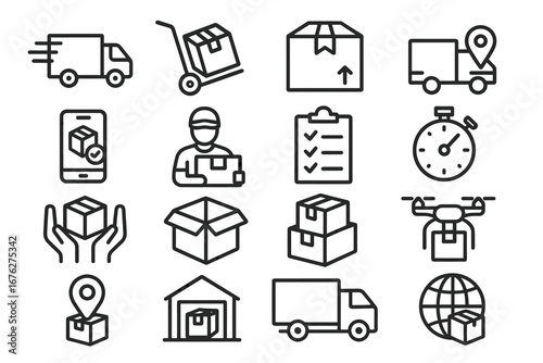Logistics and delivery icons set featuring packages, trucks, and warehouse elements
