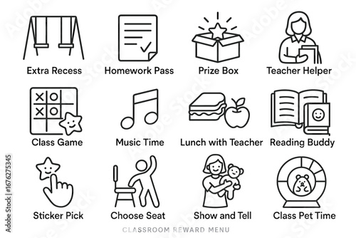 Classroom reward menu icons including recess, homework pass, and music time