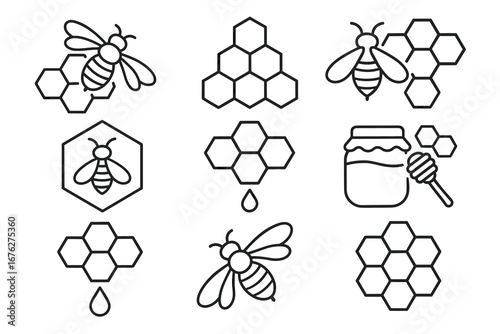 Minimalist honey bee icons with honeycombs and honey jar
