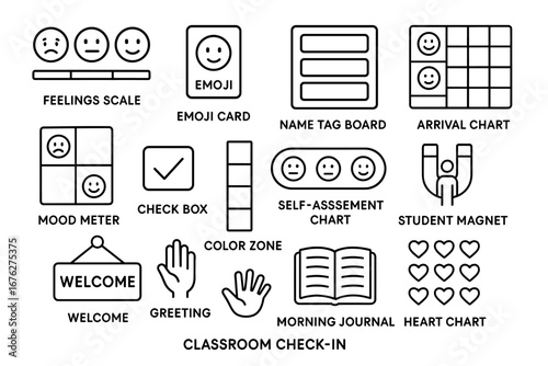 Classroom check-in tools illustration with emoji cards and mood meter