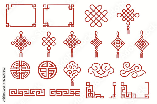 Traditional chinese knot designs and decorative patterns in red