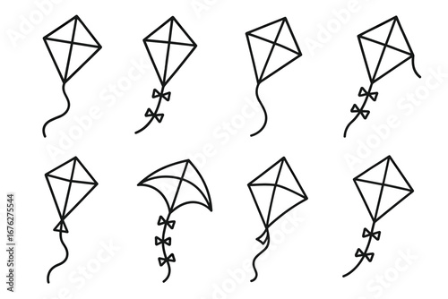Set of eight simple kite designs with tails in black and white line art