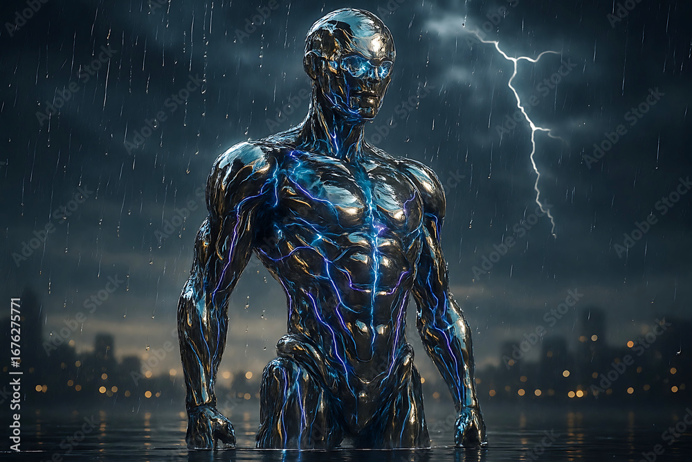 Fototapeta premium Muscular metallic android with blue energy veins in stormy city water robot human